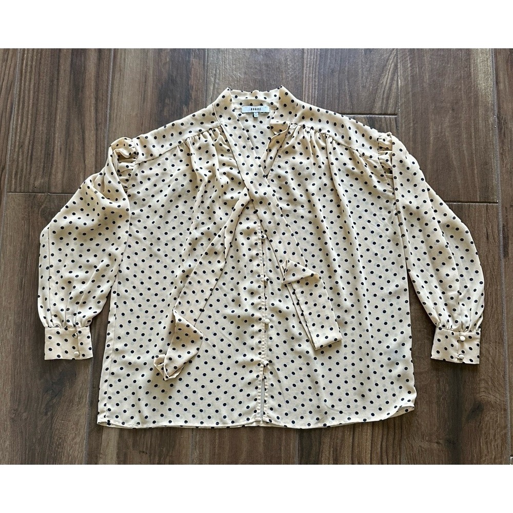 RO&DE Womens Polka Dot Tie Neck Blouse Tan Black Long Sleeve Small WQX501491RK